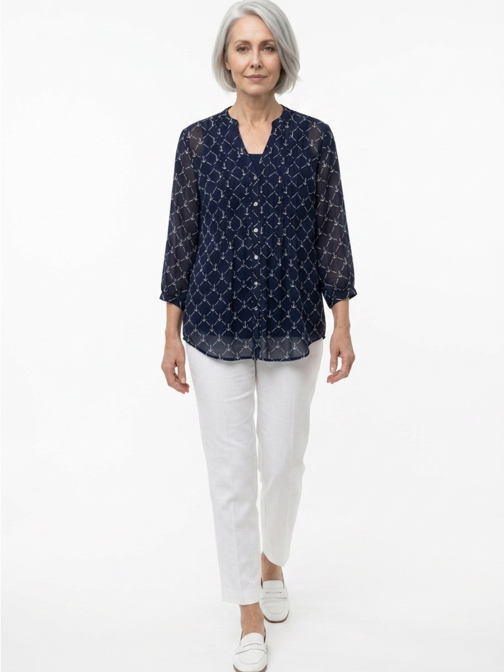 Charter Club Women's Navy Anchor-Print V-Neck Blouse Size‎ S - Picture 1 of 9